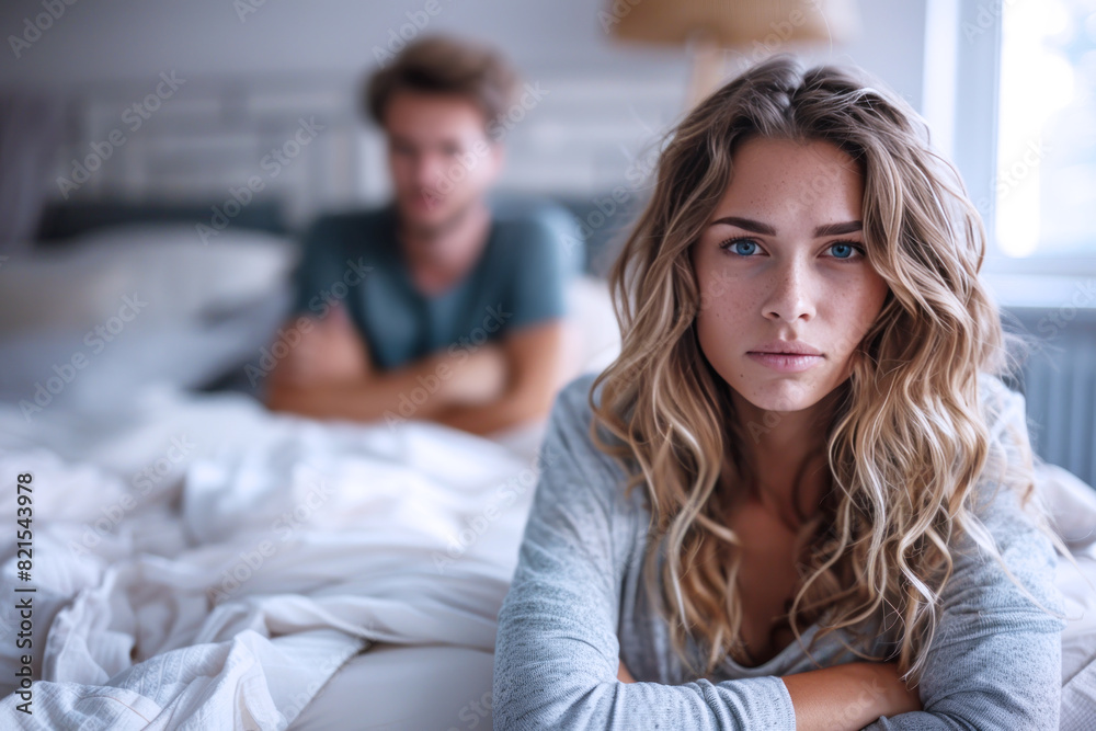 Caucasian woman sad in bedroom, her husband is leaning on the bed Caucasian woman sad in bedroom, her husband is leaning on the bed