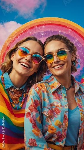 Portrait of a beautiful happy smiling lesbian couple on a pride themed background © The A.I Studio