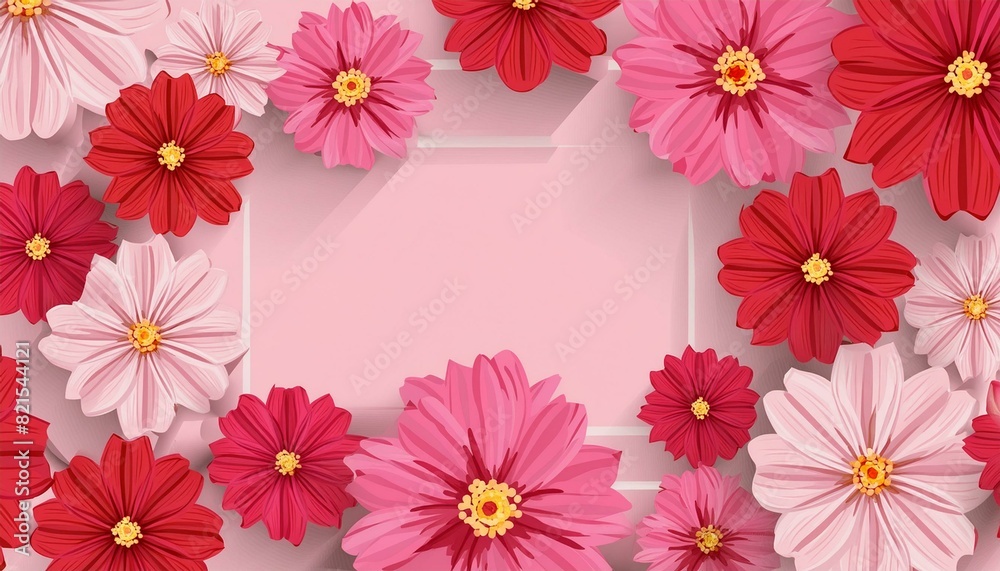 Pink and red flowers on a pink background with a pink wall in the center Pink and red flowers on a pink background with a pink wall in the center