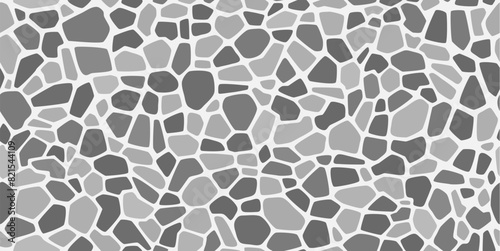 Grey gravel and pebble mosaic stone pattern with paving texture, vector seamless background. Abstract gravel tile or cobblestone pavement pattern with irregular random fragments of gray pebble stones