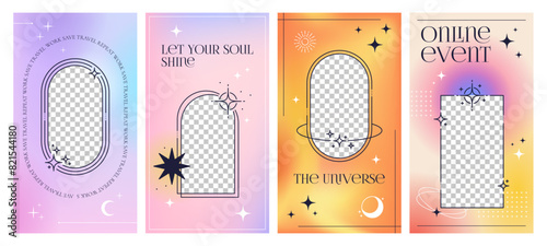 y2k gradient social media template. Modern aesthetic posters with vector line frames and abstract shapes on pastel gradient background. Minimal outline sun, moon, stars or sparkles social media covers