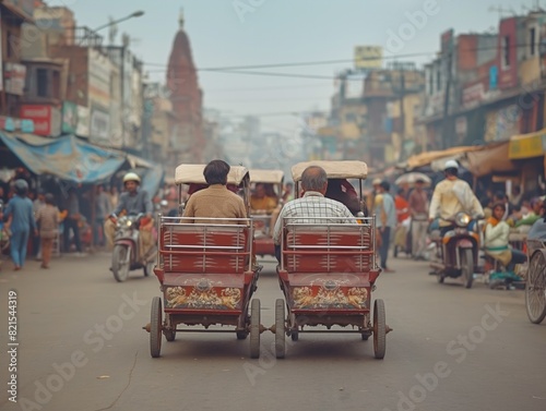 Two men are riding a red cart in a busy street. The street is filled with people and vehicles, including motorcycles and cars. The atmosphere is lively and bustling photo