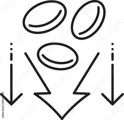 Blood cells production decrease line icon of anemia symptom, physical disease or hematology medicine. Vector red blood cells with downward arrows isolated outline sign. Anaemia disease symptom symbol