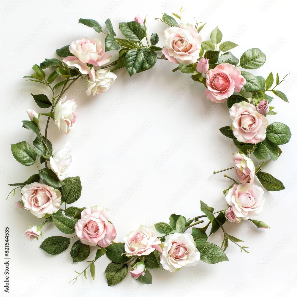 A circular arrangement of pink and white artificial roses with green leaves against a white background, perfect for wedding designs