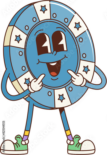 Cartoon groovy retro casino chip character with funky face smile, vector comic. Groovy funny casino poker game or wheel of fortune gamble chip with jackpot smiling face as cartoon groovy character