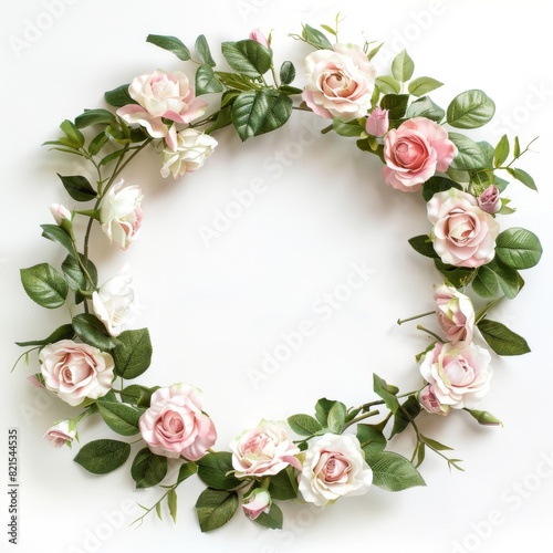 A circular arrangement of pink and white artificial roses with green leaves against a white background  perfect for wedding designs