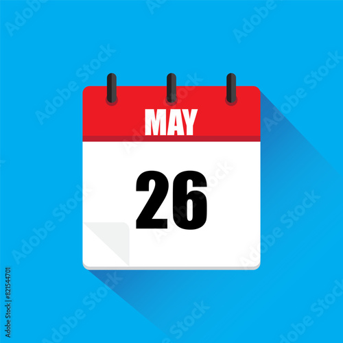 Calendar icon. Red and white. May 26. Vector illustration.