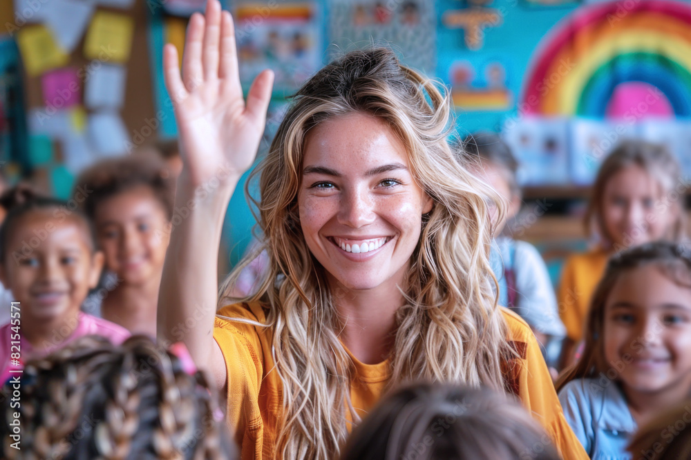 Blonde school teacher having fun with her students learning new things Blonde school teacher having fun with her students learning new things