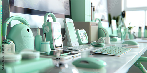 Minty Green Gadgets  An array of sleek  mint-green tech devices lined up neatly on a modern desktop