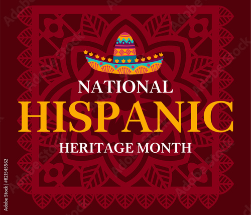 National hispanic heritage month banner with sombrero and papel picado paper cut flag vector background. Mexican and hispanic americans culture festival poster with bright color ethnic pattern
