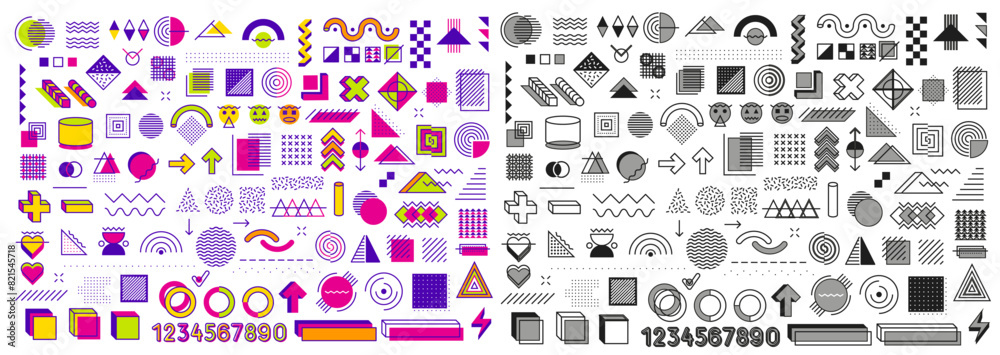 Abstract Memphis geometric color and monochrome shapes. Colorful Memphis design elements, abstract graphic pattern or funky line art vector shapes. Minimalistic geometric figures or forms set