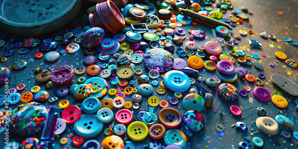 Fototapeta premium A Colorful Array of Buttons and Trinkets Spilling Over a Disheveled Workspace