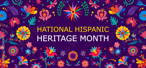 National hispanic heritage month banner with tropical flowers and plants vector pattern. Ethnic culture festival flyer of mexican and hispanic americans in floral ornaments frame on purple background