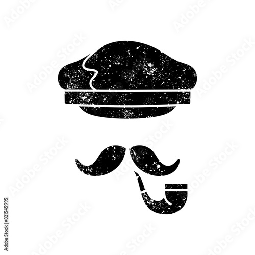 Ship captain hat and cigarette holder black hand drawn icon in grunge look