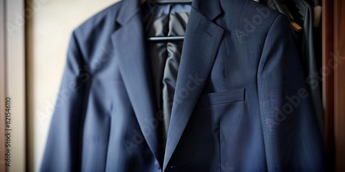Professional Attire: A well pressed navy blue suit jacket rests neatly in a pristine closet.