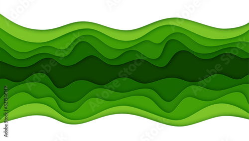 Green paper cut waves background of ecology environment, vector abstract papercut blank banner. Green nature paper cut pattern with cutout layers, eco environment and ecology conservation concept