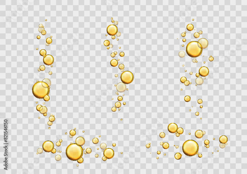Oil bubbles, yellow liquid collagen or serum. Isolated 3d vector realistic shiny drops, gold cosmetic pills or capsules. Oily vitamin essence fizzing droplets, balls flying or floating in the air