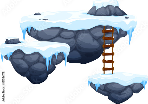 Arcade game platforms with ice and snow, winter level game asset, vector UI. Cartoon snowy rock platforms or stone floating islands with wood ladder and icicles, 2d arcade videogame winter map element