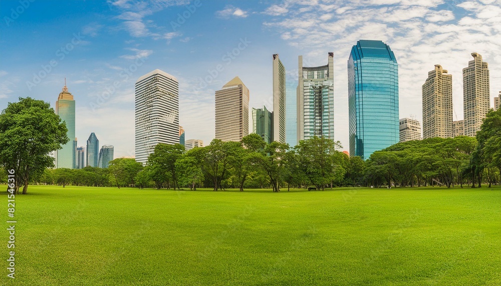 Public park and highrise buildings cityscape in metropolis city center Green environment city and downtown business district in panoramic view