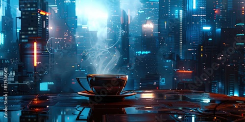 A steaming cup of black coffee on the edge of an alien city  futuristic skyscrapers in background  cyberpunk aesthetic  scifi art style  dramatic lighting  high resolution