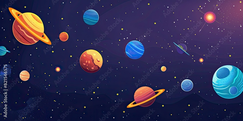 an illustration of the solar system with all planets and stars in it, cartoon style, dark background, colorful, vector art.