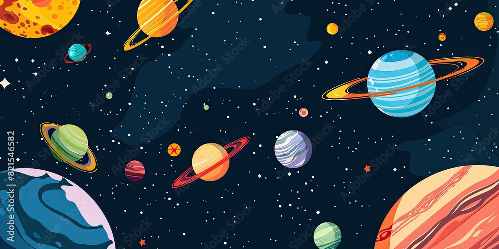 an illustration of the solar system with all planets and stars in it, cartoon style, dark background, colorful, vector art. an illustration of the solar system with all planets and stars in it, cartoon style, dark background, colorful, vector art.