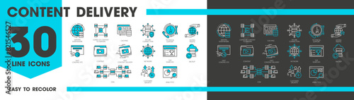Cdn line icons. Content delivery network symbols. Analysis, customer growth, top searches and backup. Network, fast content delivery, loading site. Saving traffic, technical support, secure connection