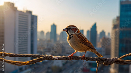 Sparrow perched on a rope with city skyline