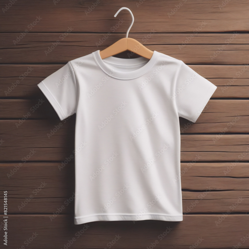 Small blank white t-shirt mock up template for kids, front view, isolated on aesthetic wooden background. for Presentation of t-shirt sweater tee designs for printing. Small blank white t-shirt mock up template for kids, front view, isolated on aesthetic wooden background. for Presentation of t-shirt sweater tee designs for printing.
