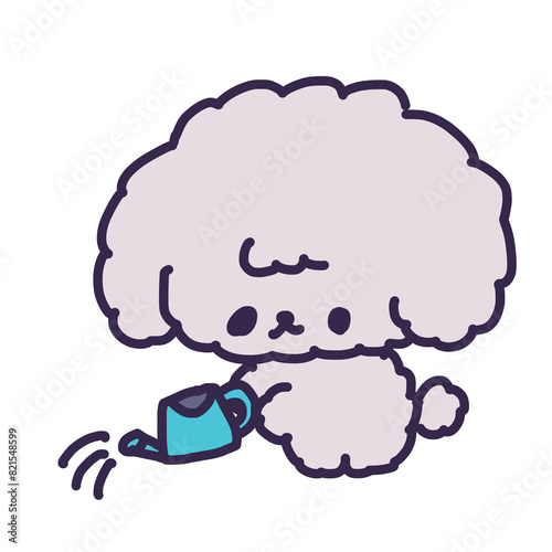 じょうろを持って水やりをしているかわいいトイプードルの子犬のイラスト