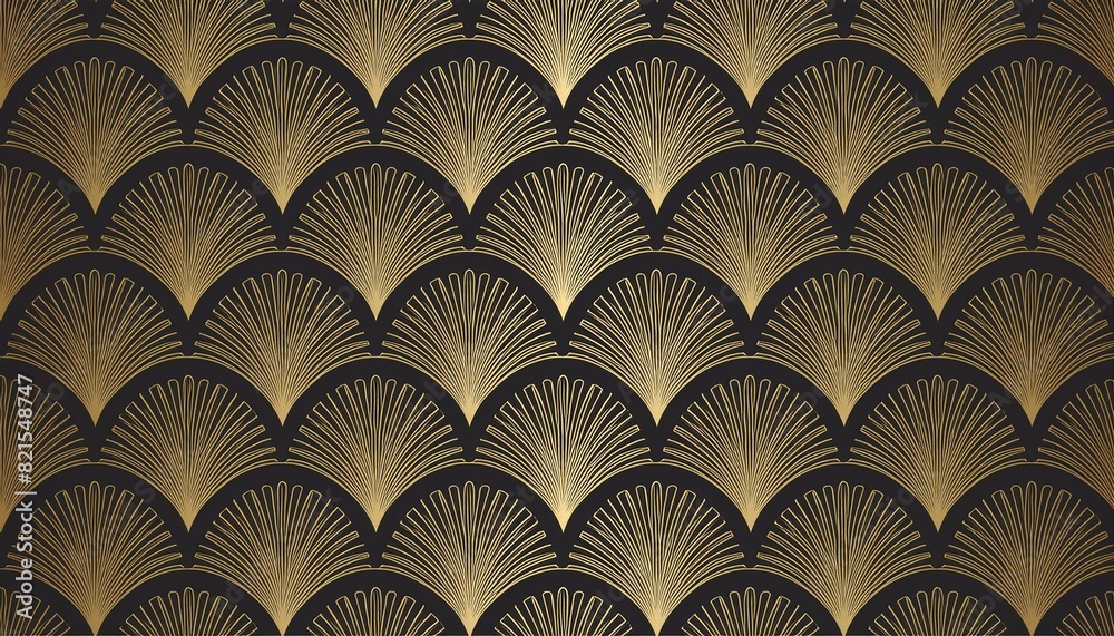 seamless golden art deco palm fan or shell line pattern vintage 1920 abstract geometric arches gold plated relief sculpture on black background seamless golden art deco palm fan or shell line pattern vintage 1920 abstract geometric arches gold plated relief sculpture on black background