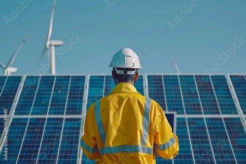 Saudi Arabian Gulf man engineer wearing a white helmet and yellow work protection jacket using a laptop and renewable solar energy stations panel background.