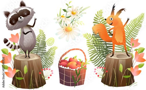 Cute raccoon and cheerful squirrel characters on the tree stump. Summer or spring cartoon for children with happy forest animals. Vector characters clip art for kids story or fairy tale.