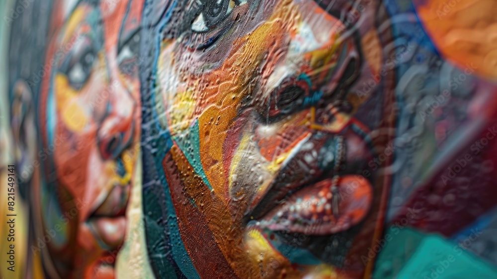 Close-up of vibrant, textured mural depicting two African women in colorful detail