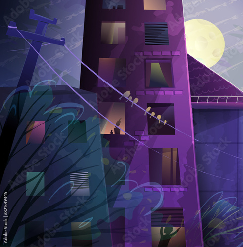 City or town buildings at full moon night with roof and windows, moonlight in sky. Colorful city wallpaper, midnight sky over sleeping neighbourhood homes. Vector background in watercolor style..