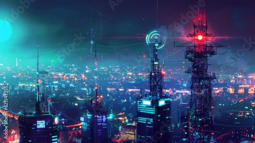 Retro-Futuristic Metropolis with Digital Radio Tower