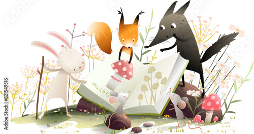 Animals reading a book in nature. Rabbit mouse wolf and squirrel friends, study a book about mushrooms in forest. Kids illustration for story or fairytale. Hand drawn vector cartoon for children.