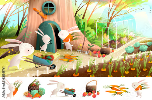 Rabbit or bunny family gardening growing vegetables and carrots in forest. Animals working at forest farm, fairytale for children. Vector illustration and clipart collection with nature and animals.