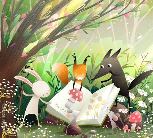 Cute animals reading book in forest. Rabbit mouse wolf and squirrel study a book about mushrooms in forest landscape. Kids illustration for story or fairytale. Hand drawn vector cartoon for children.
