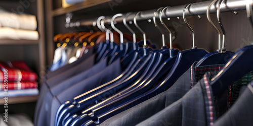 Navy Blue Suit Hanger: A row of navy blue suit hangers in a well-organized closet, with several suits and accessories hung neatly
