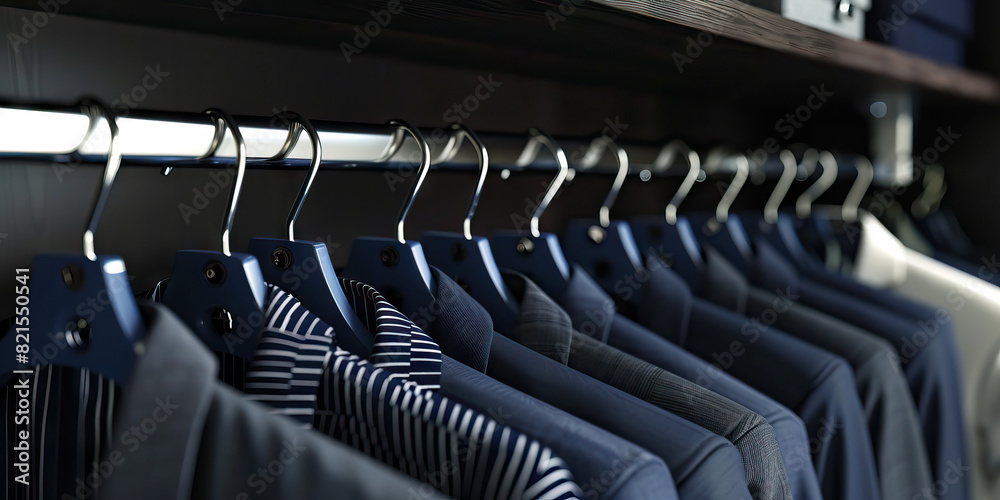 Fototapeta premium Elegant Menswear Organization: A tidy closet showcasing an array of navy blue suit hangers, neatly displaying a variety of suits and accessories.