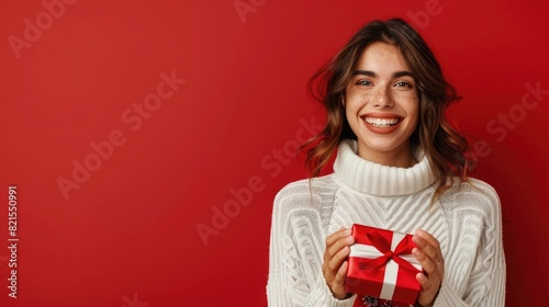 Happy smiling woman holding gift box over red background © Khalif