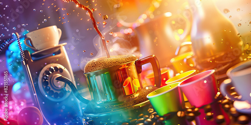 The Buzzing Caffeine Fountain: A bubbling coffee pot, surrounded by a rainbow of coffee cups and a vintage rotary dial phone photo