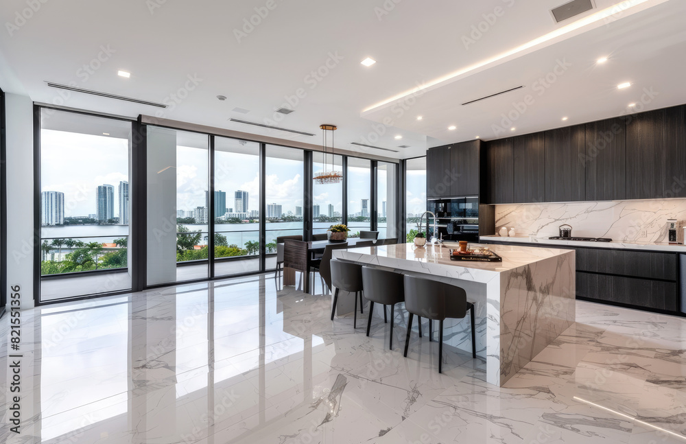 A modern luxury penthouse in Miami, white marble floors and walls with ...