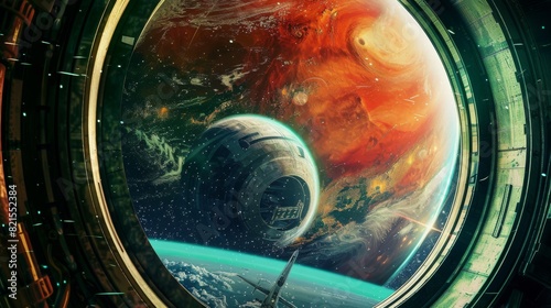 Colorful Gas Giant Planet Seen Through Porthole from Retro-Futuristic Space Station AI.