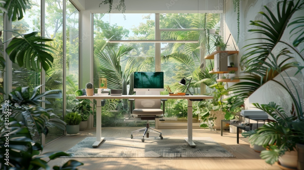 A serene home office with lush greenery, large windows, and modern furnishings, providing a perfect blend of nature and productivity.