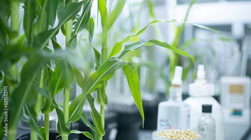 Lab-grown corn plants with scientific equipment, showing agricultural biotechnology research in a controlled environment. photo