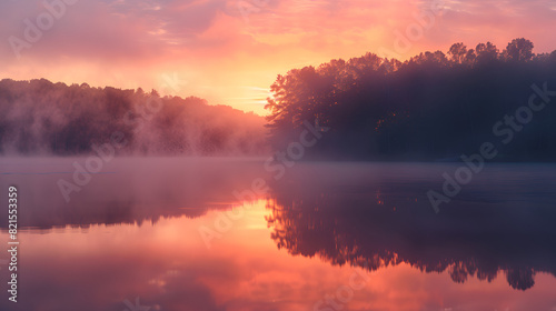 a serene lakeside reflection at sunrise