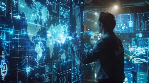 "Futuristic technology interface showing data maps and virtual screens, person interacting with digital information in a high-tech environment."