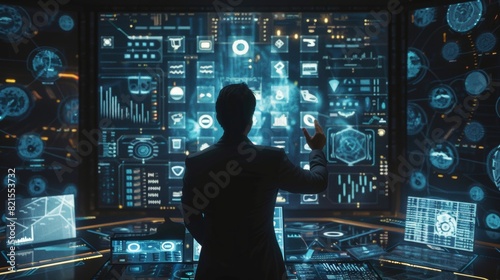 "Person interacts with futuristic data interface, surrounded by holographic screens and advanced technology in a high-tech control room."
